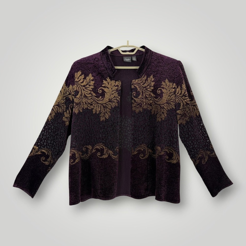 Chicos Travelers Jacket Womens XL Purple Gold Floral Crinkle Knit Open Front